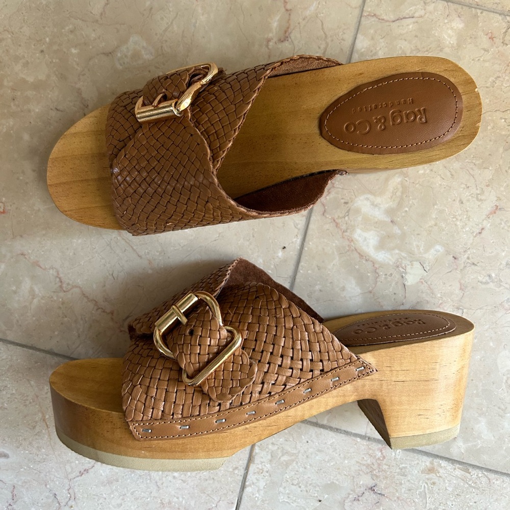 Rag & Co Brown Woven Leather Clog Mules with Gold Buckle